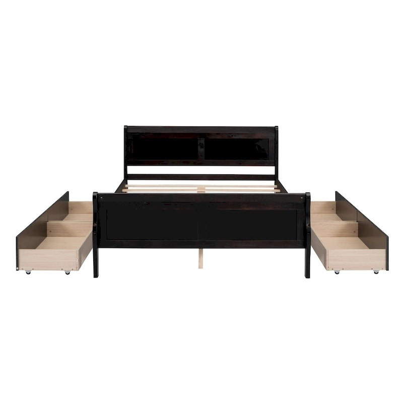 Full Size Wood Platform Bed with 4 Drawers and Streamlined Headboard