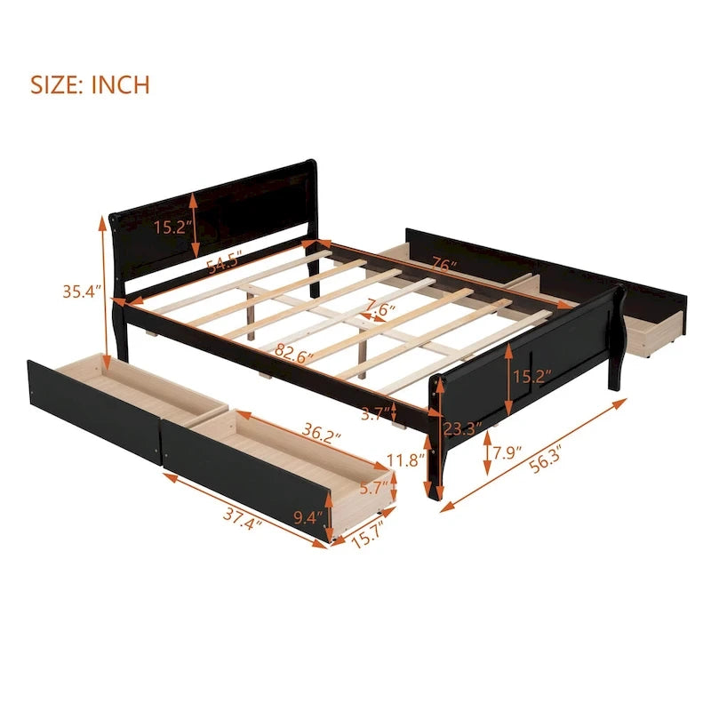 Full Size Wood Platform Bed with 4 Drawers and Streamlined Headboard