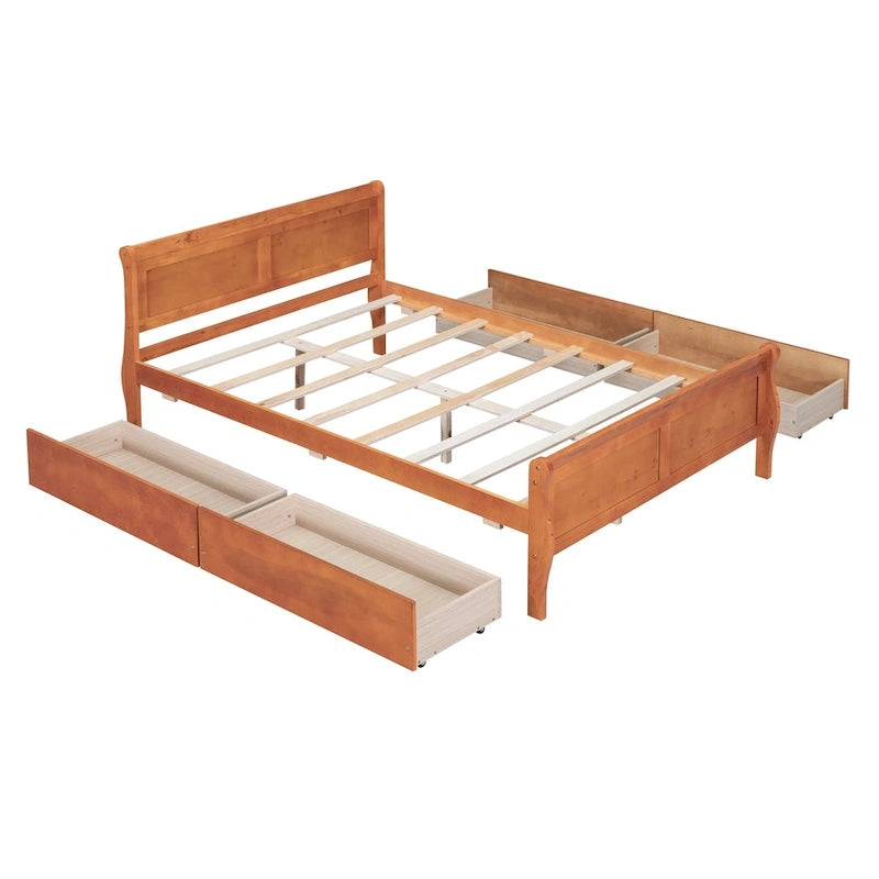 Full Size Wood Platform Bed with 4 Drawers and Streamlined Headboard