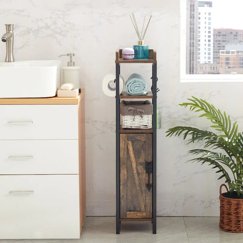 Wood Tall Bathroom Linen Cabinet Small Bathroom Storage Corner Floor Cabinet with Doors and Shelves Toilet Paper Holder