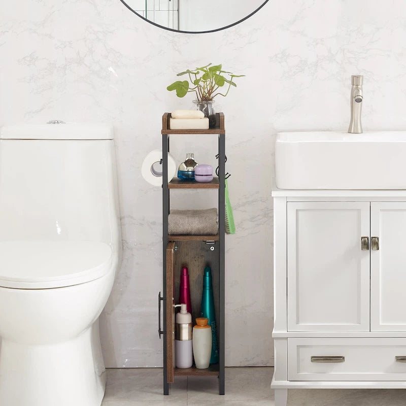 Wood Tall Bathroom Linen Cabinet Small Bathroom Storage Corner Floor Cabinet with Doors and Shelves Toilet Paper Holder