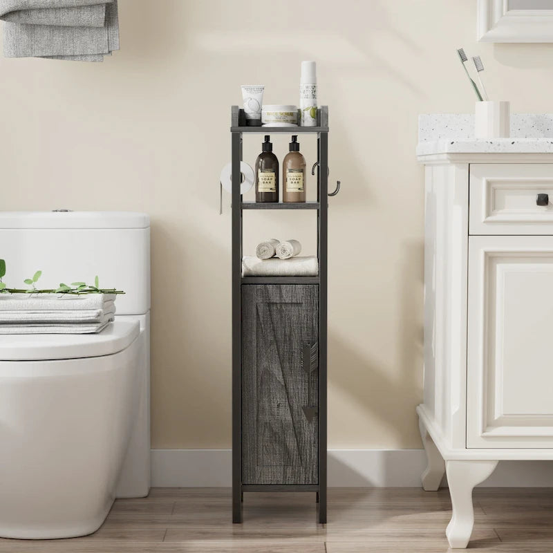Wood Tall Bathroom Linen Cabinet Small Bathroom Storage Corner Floor Cabinet with Doors and Shelves Toilet Paper Holder