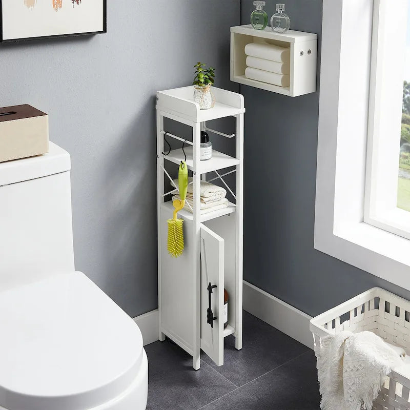 Wood Tall Bathroom Linen Cabinet Small Bathroom Storage Corner Floor Cabinet with Doors and Shelves Toilet Paper Holder