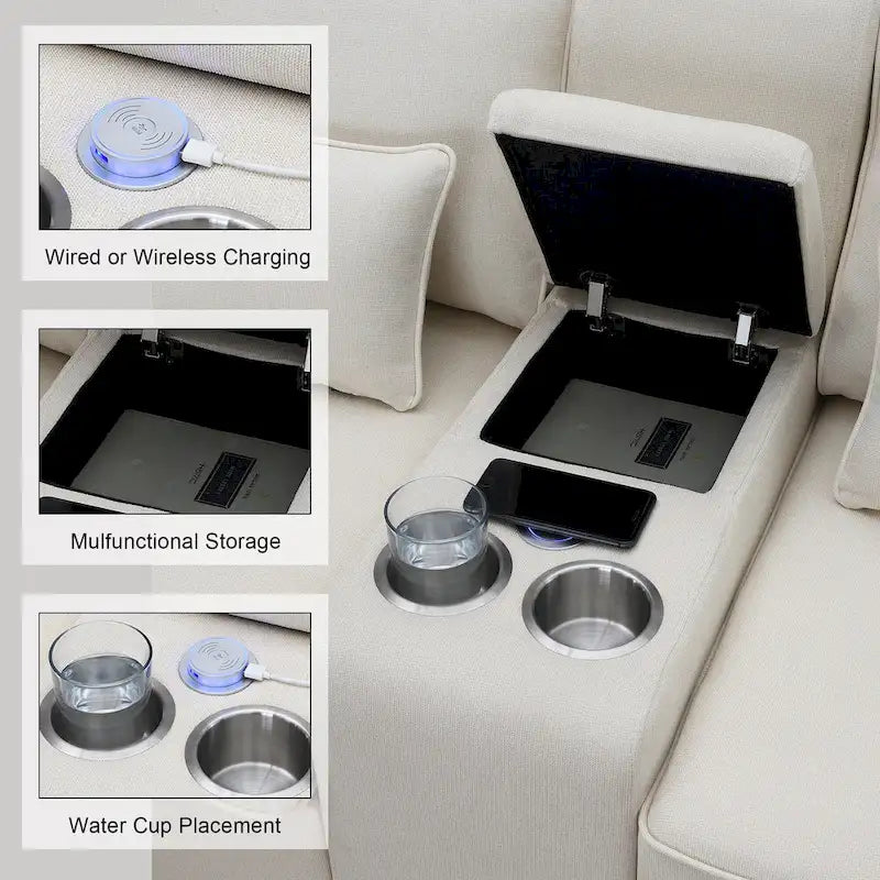 [VIDEO provided] [New] 114.2 Upholstered Sofa with Console, 2 Cupholders and 2 USB Ports Wired or Wirelessly Charged, Modern Li