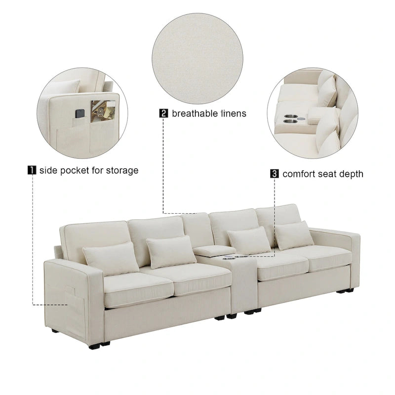 [VIDEO provided] [New] 114.2 Upholstered Sofa with Console, 2 Cupholders and 2 USB Ports Wired or Wirelessly Charged, Modern Li