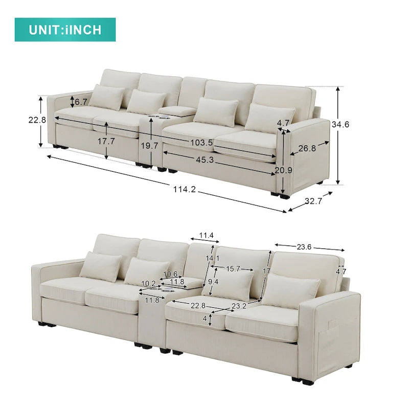 [VIDEO provided] [New] 114.2 Upholstered Sofa with Console, 2 Cupholders and 2 USB Ports Wired or Wirelessly Charged, Modern Li
