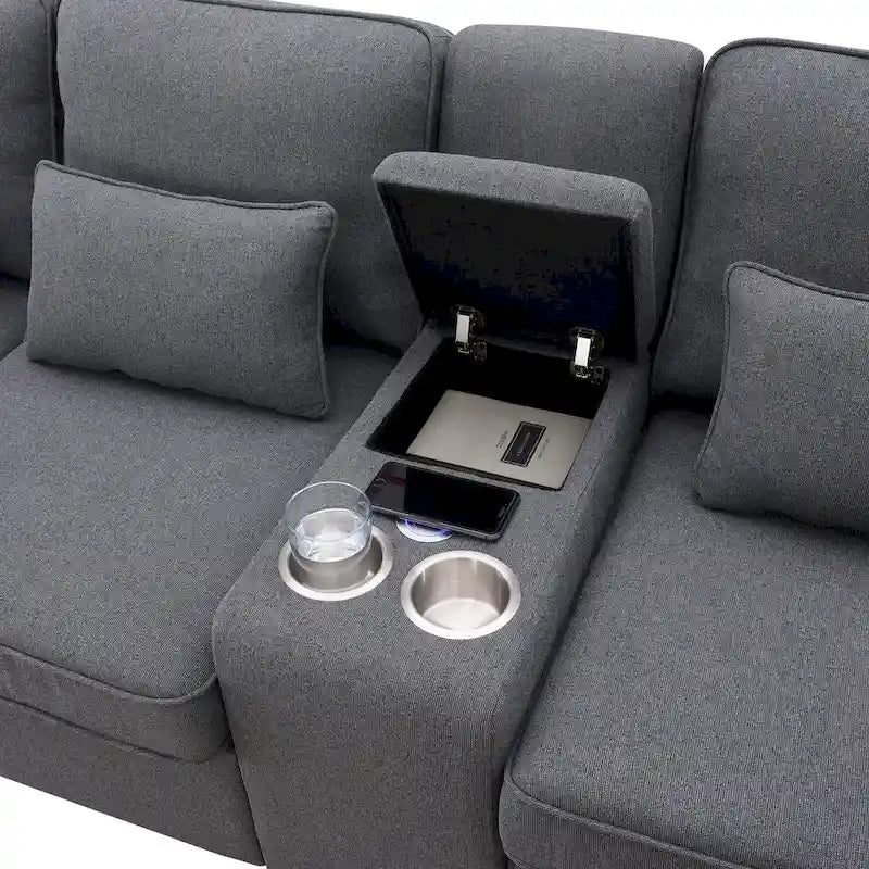 [VIDEO provided] [New] 114.2 Upholstered Sofa with Console, 2 Cupholders and 2 USB Ports Wired or Wirelessly Charged, Modern Li