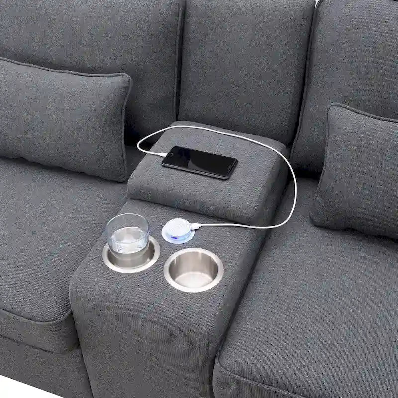 [VIDEO provided] [New] 114.2 Upholstered Sofa with Console, 2 Cupholders and 2 USB Ports Wired or Wirelessly Charged, Modern Li