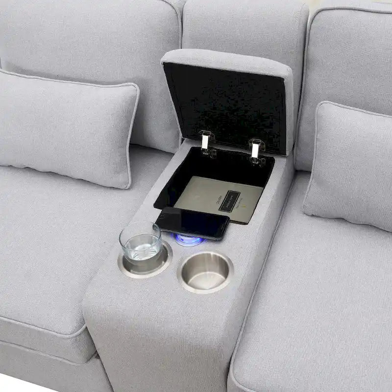 [VIDEO provided] [New] 114.2 Upholstered Sofa with Console, 2 Cupholders and 2 USB Ports Wired or Wirelessly Charged, Modern Li