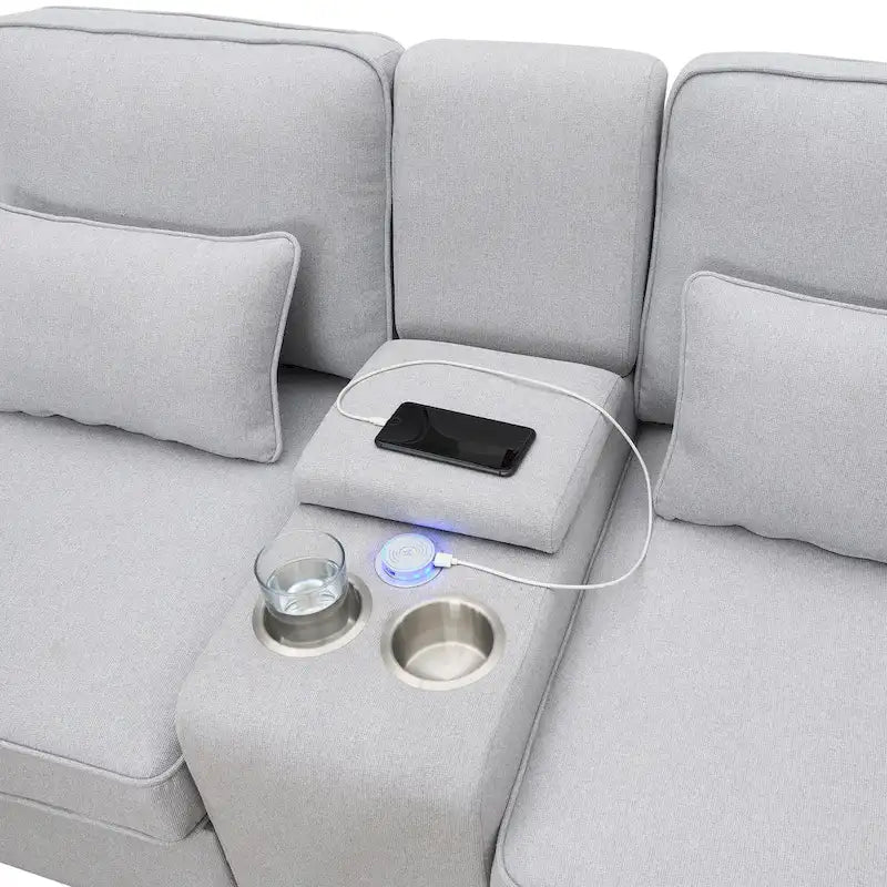 [VIDEO provided] [New] 114.2 Upholstered Sofa with Console, 2 Cupholders and 2 USB Ports Wired or Wirelessly Charged, Modern Li