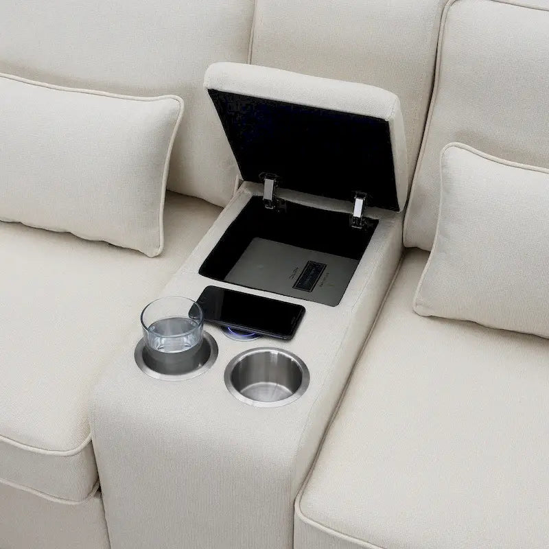 [VIDEO provided] [New] 114.2 Upholstered Sofa with Console, 2 Cupholders and 2 USB Ports Wired or Wirelessly Charged, Modern Li