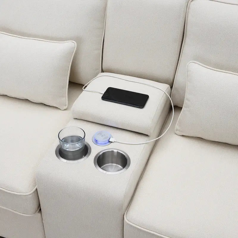 [VIDEO provided] [New] 114.2 Upholstered Sofa with Console, 2 Cupholders and 2 USB Ports Wired or Wirelessly Charged, Modern Li