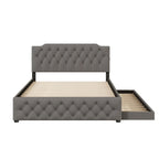 Queen Size Upholstered Platform Bed with Twin Size Trundle and 2 sets of USB Ports on each side, Linen Fabric, Beige
