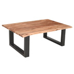 45 Inch Acacia Farmhouse Coffee Table, Live Edges, Metal Sled Base, Brown and Black
