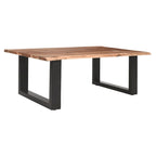 45 Inch Acacia Farmhouse Coffee Table, Live Edges, Metal Sled Base, Brown and Black