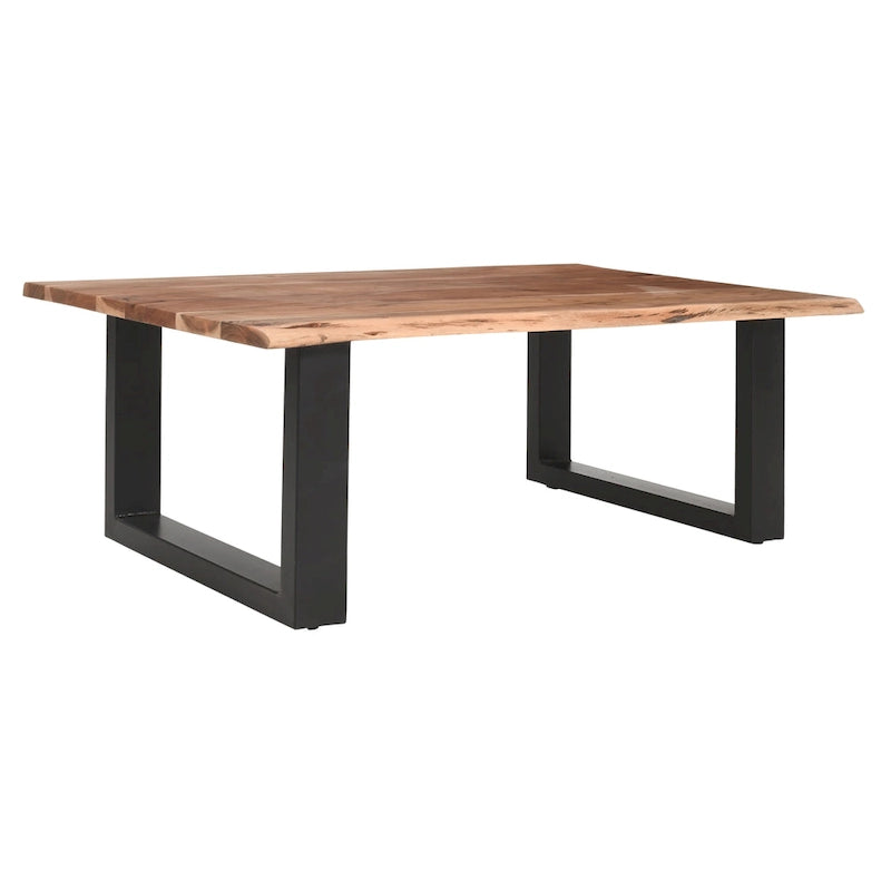 45 Inch Acacia Farmhouse Coffee Table, Live Edges, Metal Sled Base, Brown and Black