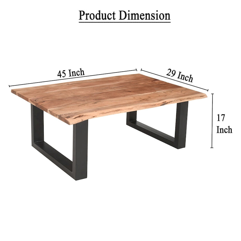 45 Inch Acacia Farmhouse Coffee Table, Live Edges, Metal Sled Base, Brown and Black