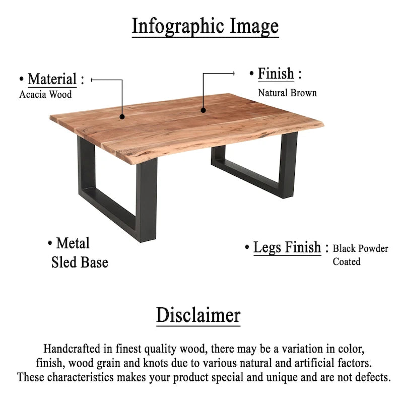 45 Inch Acacia Farmhouse Coffee Table, Live Edges, Metal Sled Base, Brown and Black