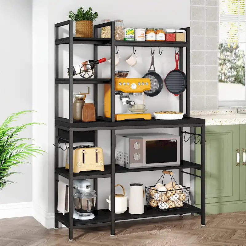 Brown Industrial Wood Bakers Rack with Storage,Black Modern Microwave Oven Stand,5-Tier Kitchen Utility Storage Shelf