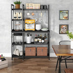 Brown Industrial Wood Bakers Rack with Storage,Black Modern Microwave Oven Stand,5-Tier Kitchen Utility Storage Shelf