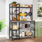 Brown Industrial Wood Bakers Rack with Storage,Black Modern Microwave Oven Stand,5-Tier Kitchen Utility Storage Shelf