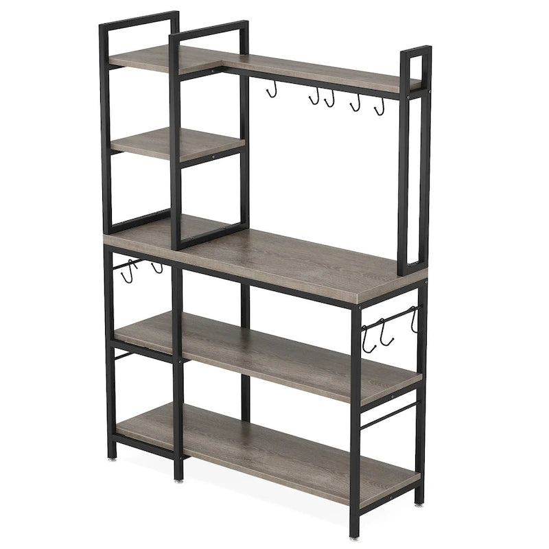 Brown Industrial Wood Bakers Rack with Storage,Black Modern Microwave Oven Stand,5-Tier Kitchen Utility Storage Shelf