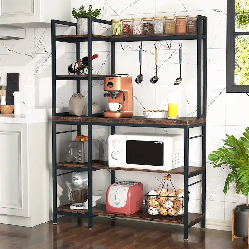 Brown Industrial Wood Bakers Rack with Storage,Black Modern Microwave Oven Stand,5-Tier Kitchen Utility Storage Shelf