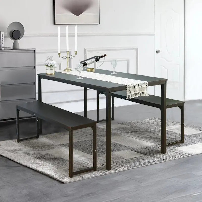3 Piece Kitchen Table Set with Two Benches Dining Room Table Set 4
