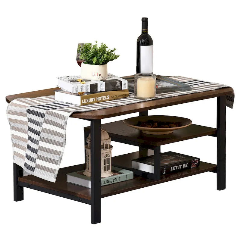 HOMCOM Vintage Industrial Coffee Table with Under-Top Storage Shelves and Rounded Corners, Dark Wood
