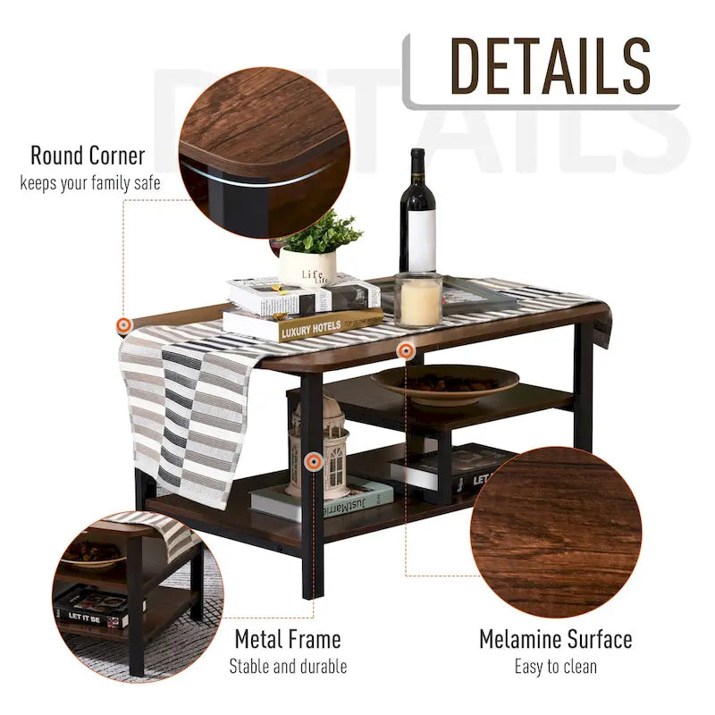 HOMCOM Vintage Industrial Coffee Table with Under-Top Storage Shelves and Rounded Corners, Dark Wood