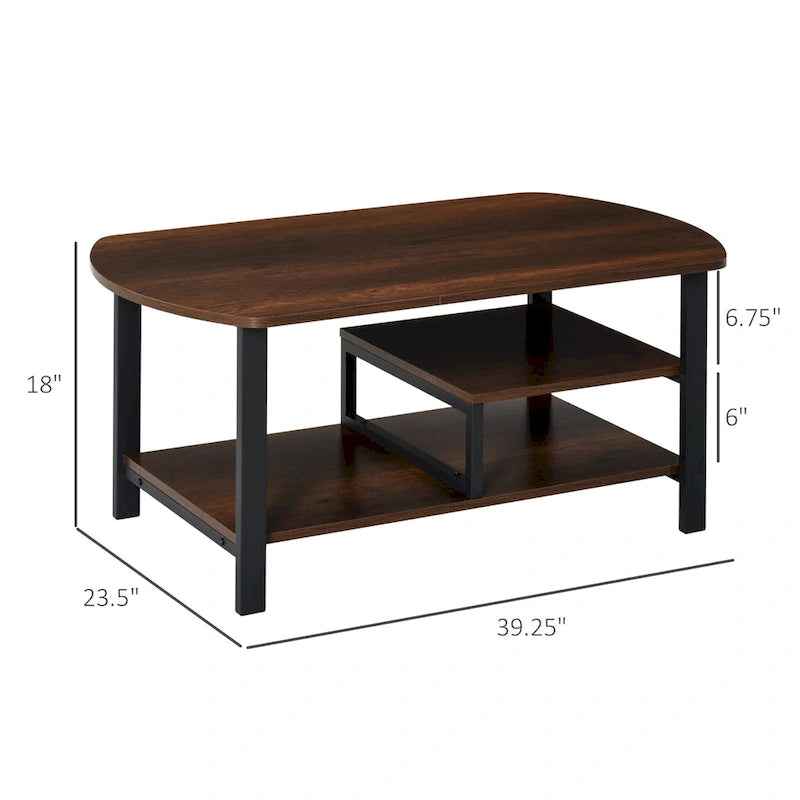 HOMCOM Vintage Industrial Coffee Table with Under-Top Storage Shelves and Rounded Corners, Dark Wood