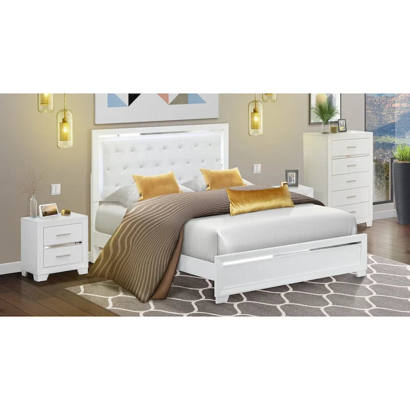 East West Furniture Pandora Wooden queen bedroom set with a queen bed frames White Finish(Pieces Option)