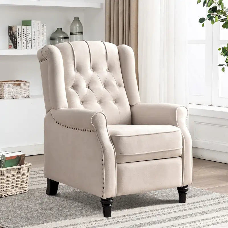 Push Back Recliner with Tufted Back and Wooden Legs