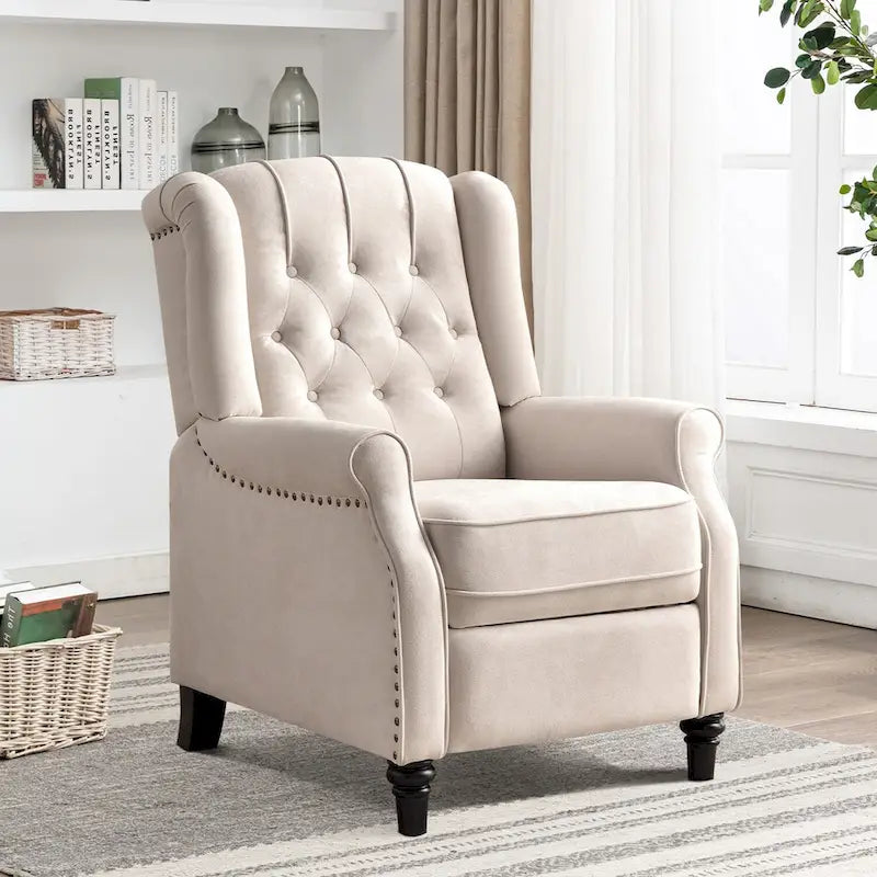 Push Back Recliner with Tufted Back and Wooden Legs