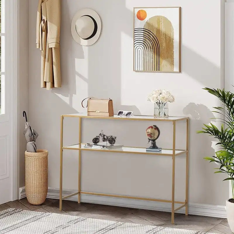 Modern Gold Frame 39.4 Entryway Console Table Glass Top