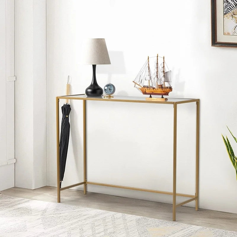 Modern Gold Frame 39.4 Entryway Console Table Glass Top