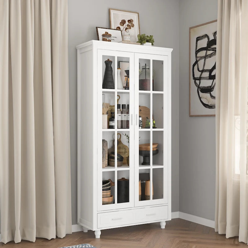 White Bookcase with Glass Doors Display Cabinet Bookshelf Organizer - 70.9Hx36.2W