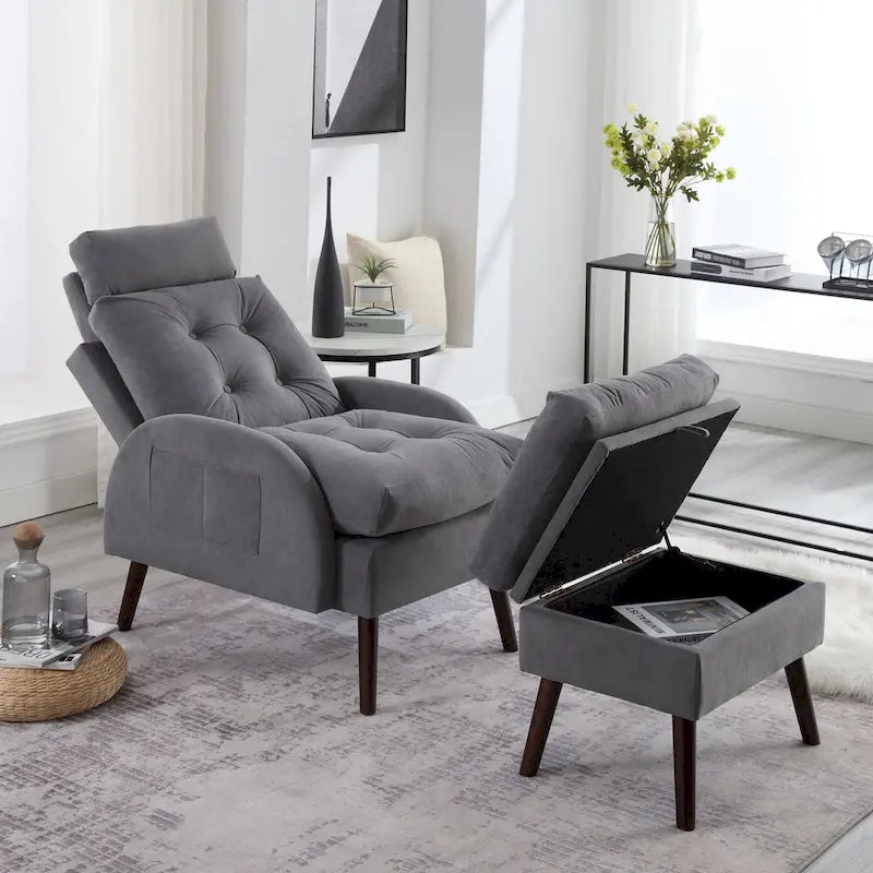 HOMYKA Upholstered Chaise Lounge Chair with Adjustable Backrest Storage Ottoman