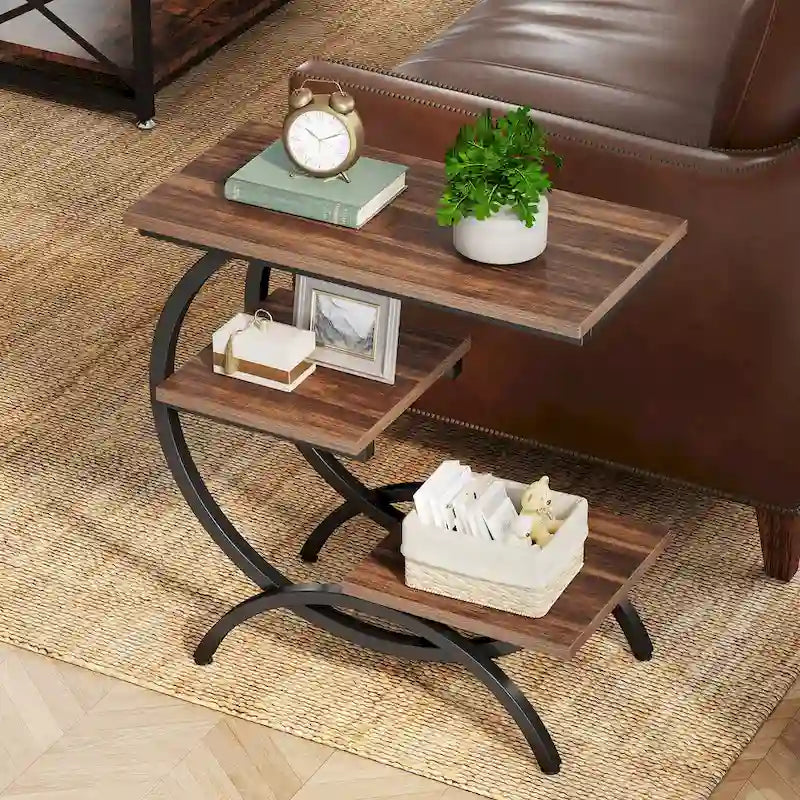 C-Shaped End Table, Industrial 3-Tier Side Table, Wood Bedside Table