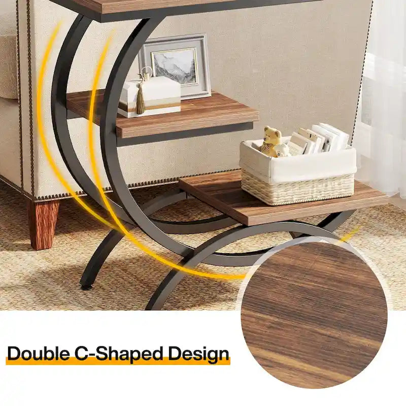 C-Shaped End Table, Industrial 3-Tier Side Table, Wood Bedside Table
