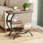 C-Shaped End Table, Industrial 3-Tier Side Table, Wood Bedside Table
