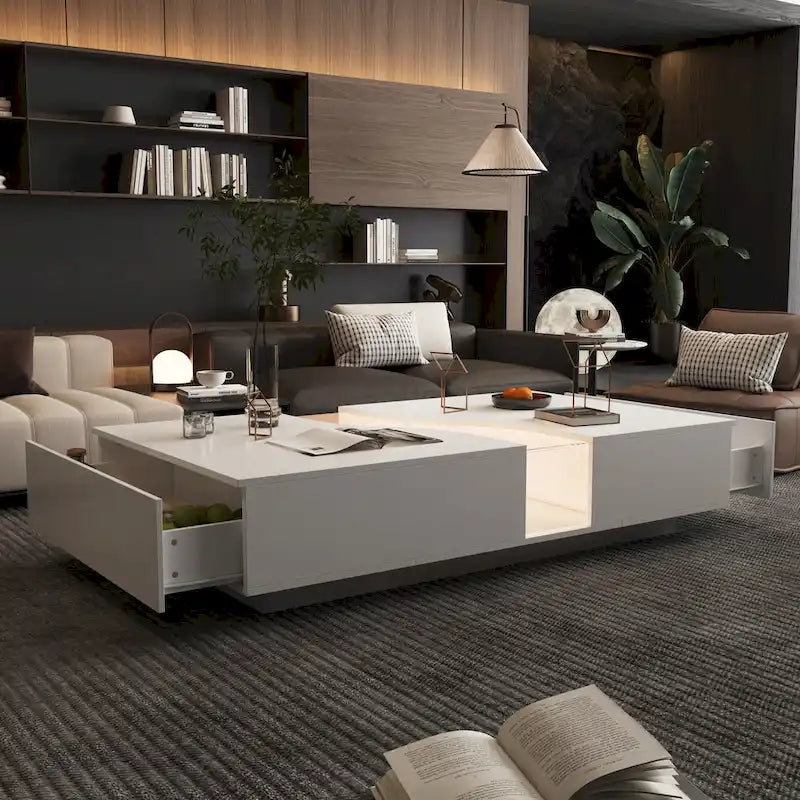 Storage Masterpiece Contemporary White Coffee Table Colorful LED Edge - 55.1W