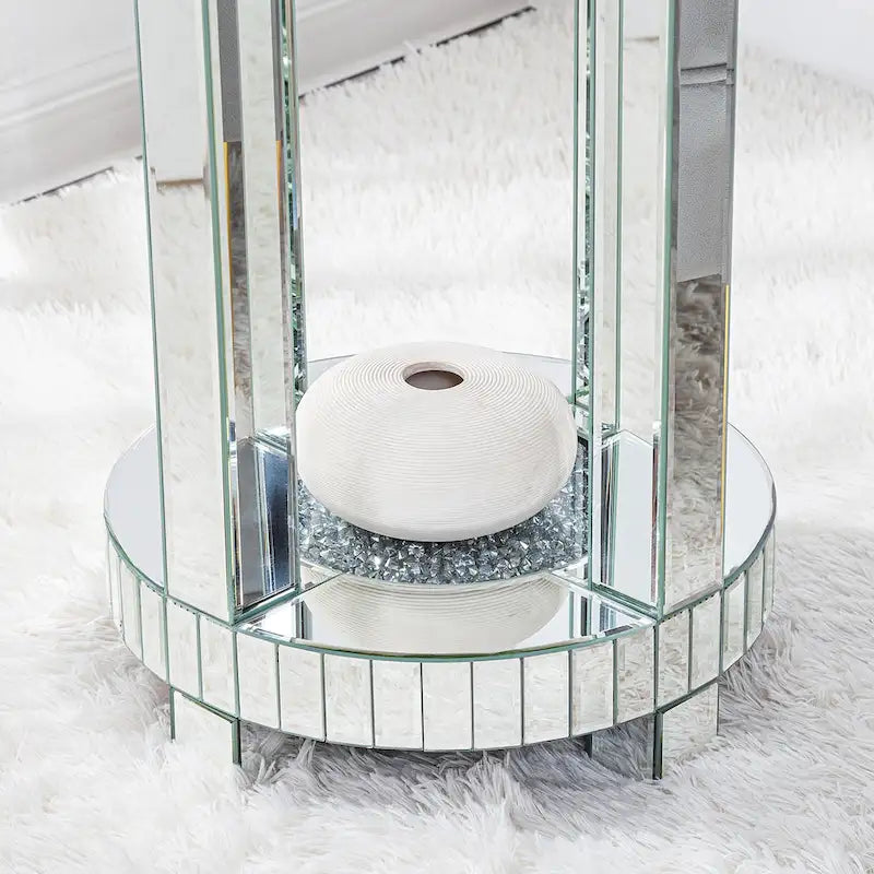 Tall Mirrored Glass Round End Table