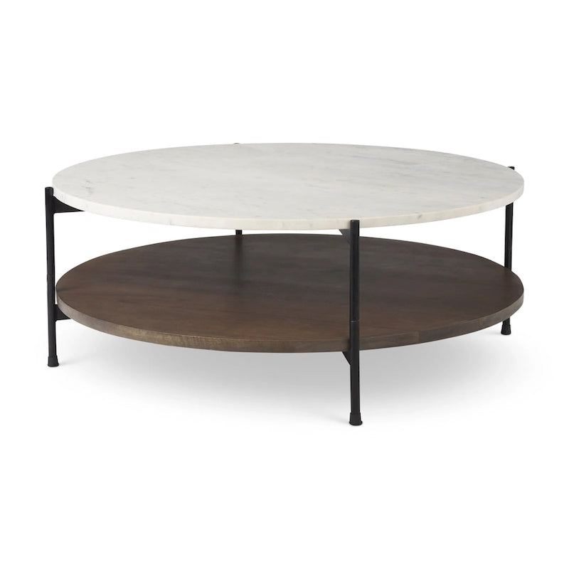Larkin Two-Tier White Marble Top and Solid Wood Round Coffee Table