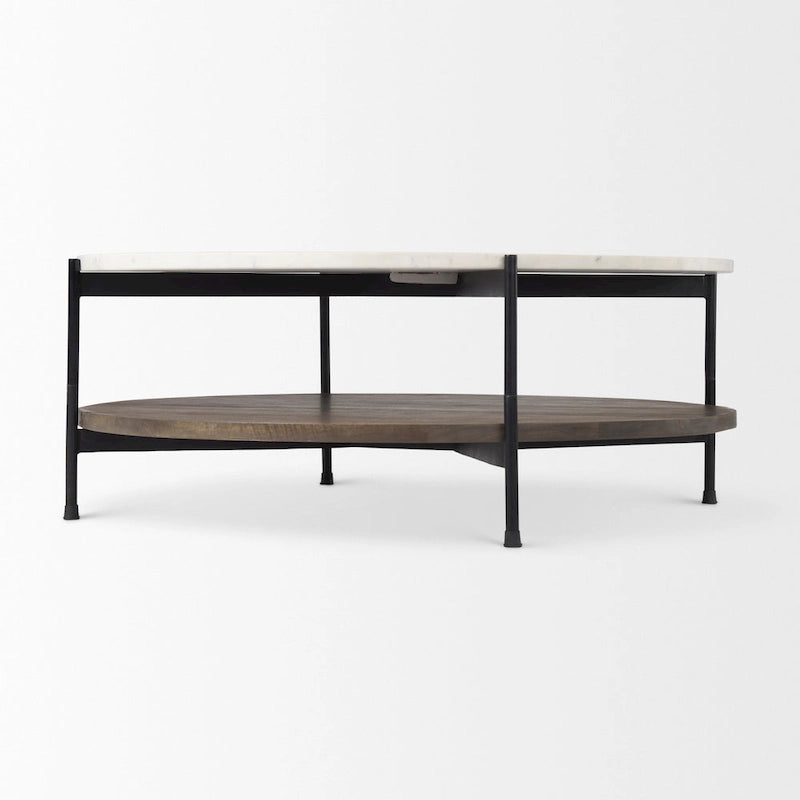 Larkin Two-Tier White Marble Top and Solid Wood Round Coffee Table