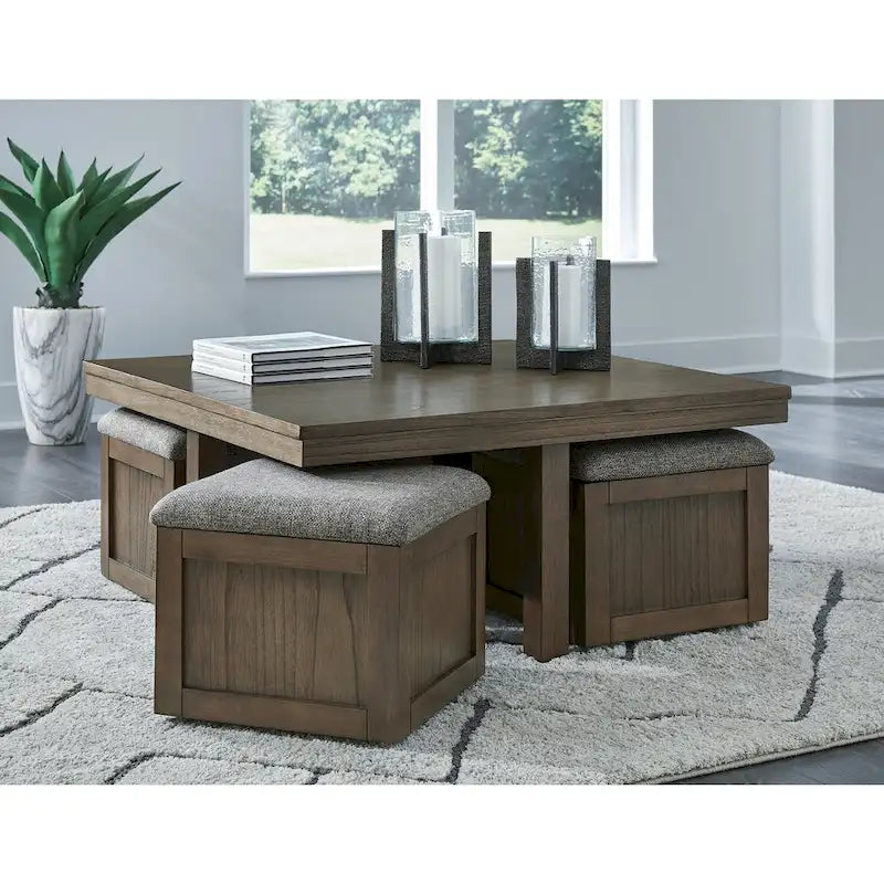 Signature Design by Ashley Boardernest Brown Coffee Table with 4 Stools - 40W x 40D x 18H