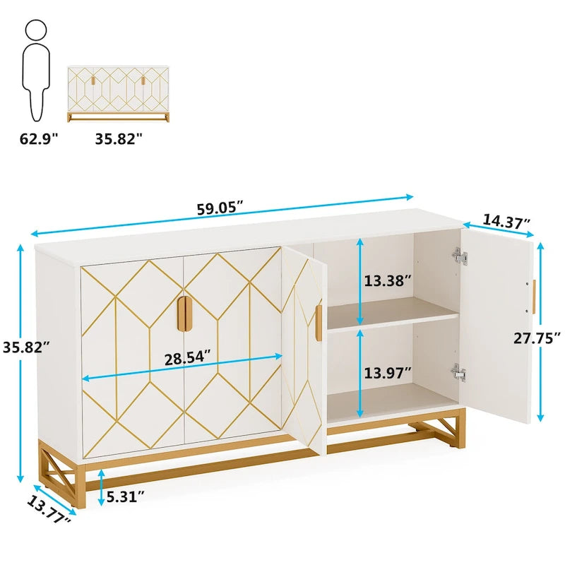 Modern 4-door Buffet Sideboard Storage Cabinet with Adjustable Shelf for Kithen Dining Room