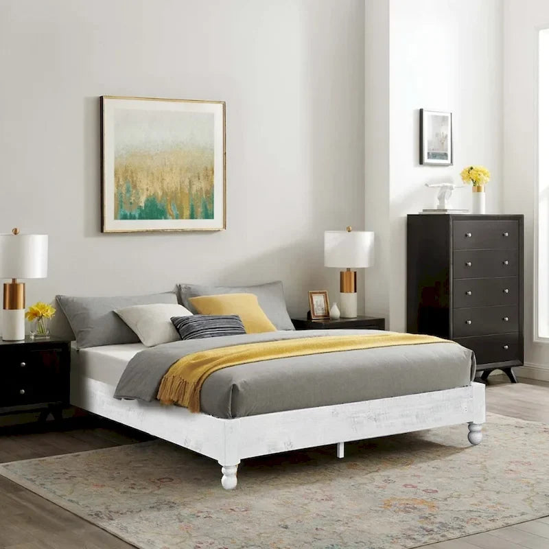 MUSEHOMEINC Solid Pine Wood 12 Slat Platform Rustic Bed Frame, Whitewashed, King - Whitewashed