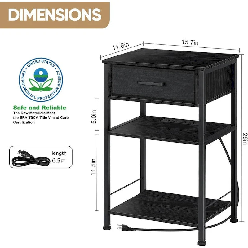 3 Tier Nightstand with Charge Station