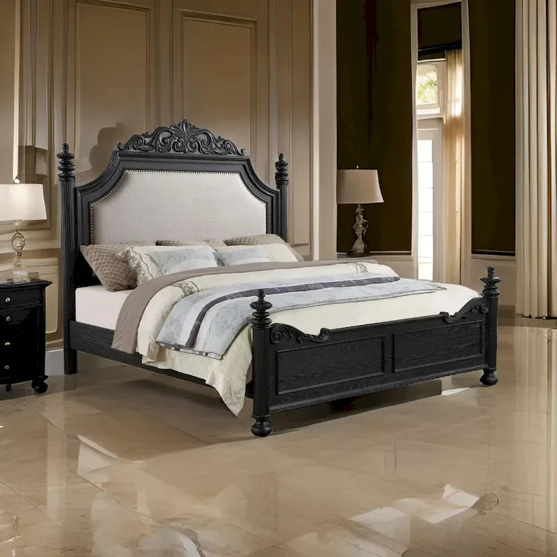 Berry King Size Bed, Scrolled Headboard, Cream Upholstery, Black Wood